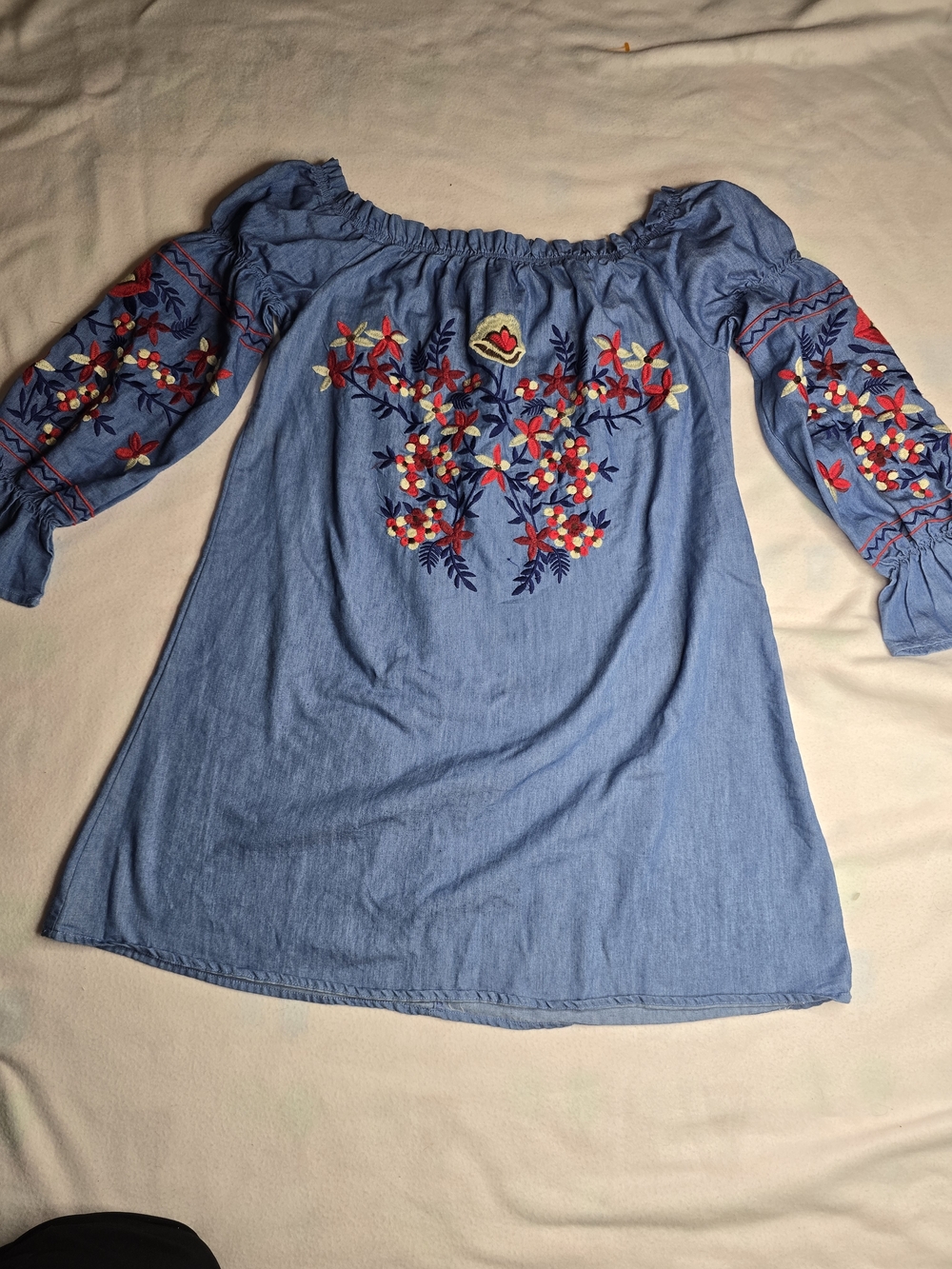 Embroidered Off-Shoulder Mini Dress in Denim Blue - Picture 2 of 8